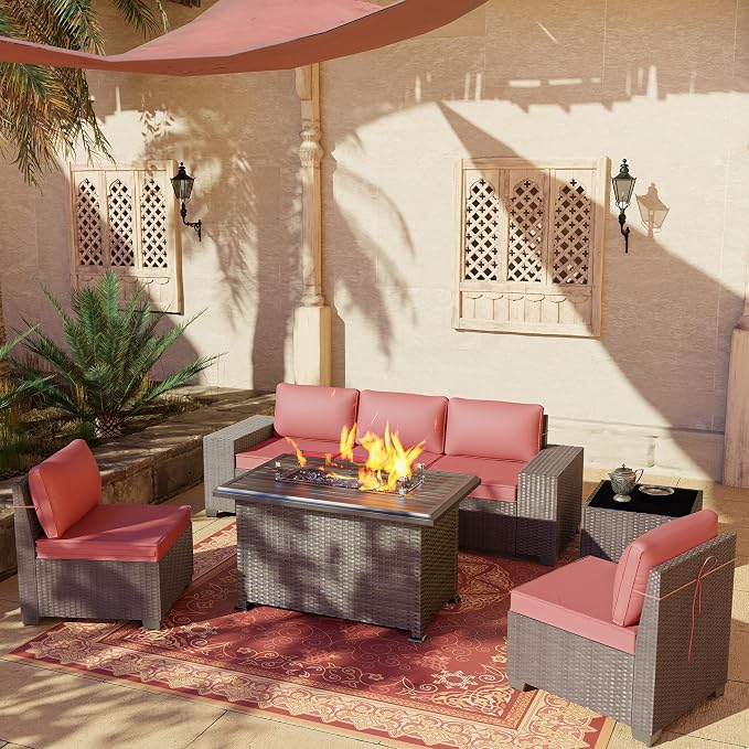 7 PCS Outdoor Patio Furniture Set,Outdoor Sectional Furniture with 43" 55000 BTU Gas Propane Fire Pit Table,All Weather PE Rattan Wicker Patio Conversation Set,Red