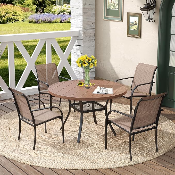 DIFY Patio Round Dining Table, 42" All Weather Round Outdoor Table with 1.57" Umbrella Hole for 4 Person, Perfect for Balcony Garden and Backyard, Walnut