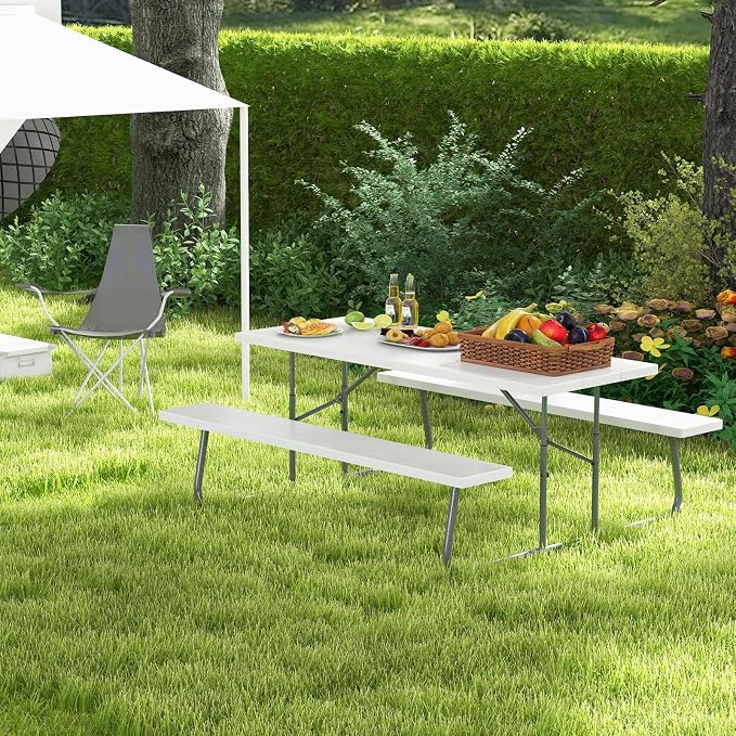 Tangkula 6 Ft Folding Picnic Table, Outdoor 8 Person Large Picnic Table Set with 2 Built-in Benches, Umbrella Hole, Metal Frame & HDPE Tabletop for Garden, Backyard (White)