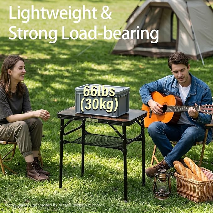 Folding Picnic Table 2ft Portable Camping Table Adjustable Heights Metal Aluminum Lightweight Foldable Small Card Table with Carry Handle for Indoor Outdoor Camp RV BBQ Beach