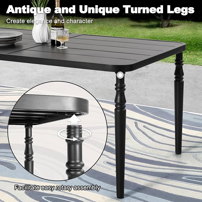 NUU GARDEN Outdoor 7-Piece Dining Set with Powder-Coated Metal Frame, Patio Metal Dining Set with 6 Textilene Chairs, Table with Umbrella Hole, for Patio, Lawn, Garden, Porch, Black and Brown