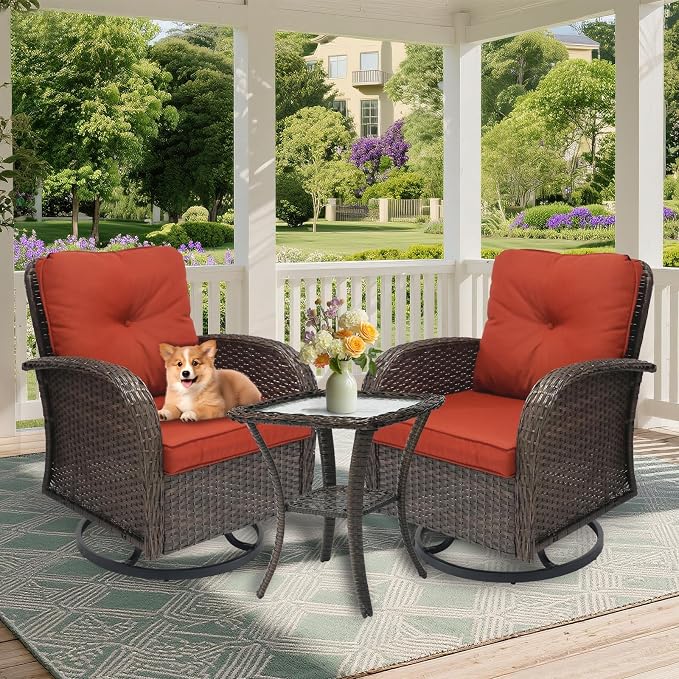 JJMGJOY Outdoor Swivel Rocker Patio Chairs 3 Pieces,Swivel Patio Chairs with Cushions,Outdoor Swivel Rocking Chairs Set of 2 with Rattan Side Table,Patio Furniture Set for Outside Porch Deck