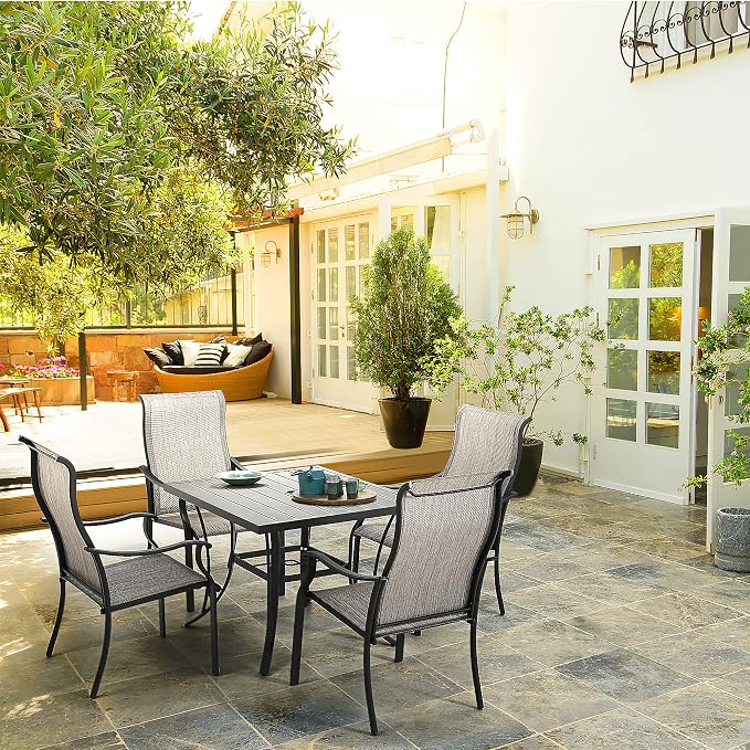 HAPPATIO Patio Dining Sets,5 Piece Outdoor Dining Set,4 Textilene Dining Chairs and 1 Square Dining Table with Iron Slat Table Top. Easy to Maintain and Weather-Resistant. (Grey)