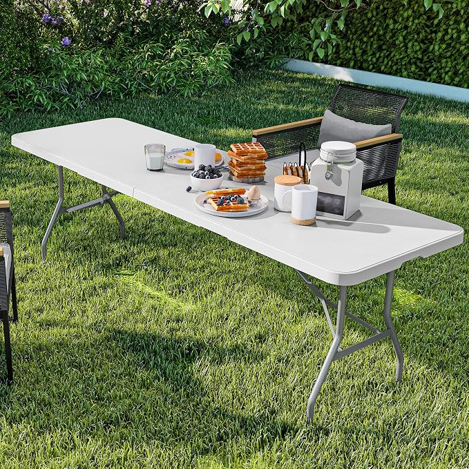 YITAHOME 8FT Folding Tables, Heavy Duty White Folding Table with Carrying Handle, Plastic Fold up Table for Outdoor Camping Picnic Parties/Indoor Events, White