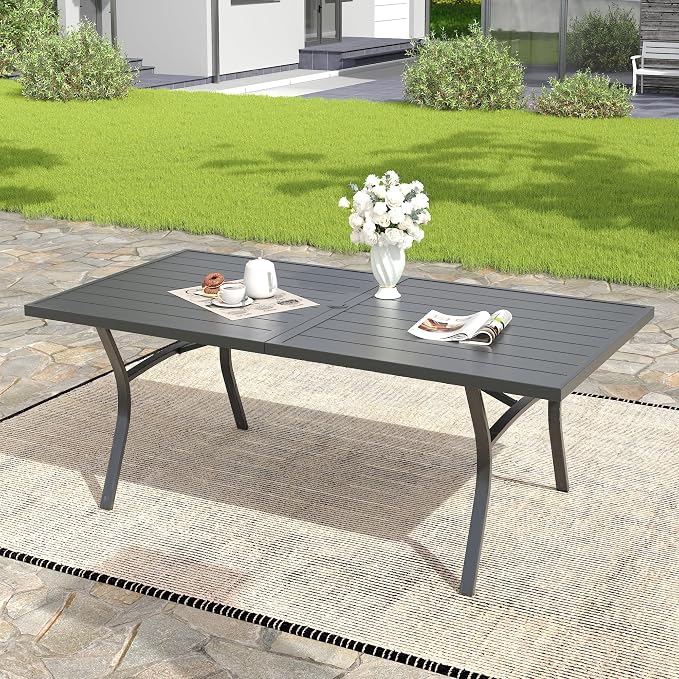 VICLLAX 63" Patio Dining Table for 6, Outdoor Rectangular Metal Table with Umbrella Hole for Porch Backyard Garden Deck, Black