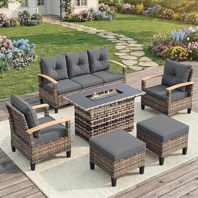 UDPATIO Patio Furniture Set with Fire Pit Table, 6 Pieces Outdoor Wicker Conversation Set for Lawn, Porch, Garden, Backyard, Grey