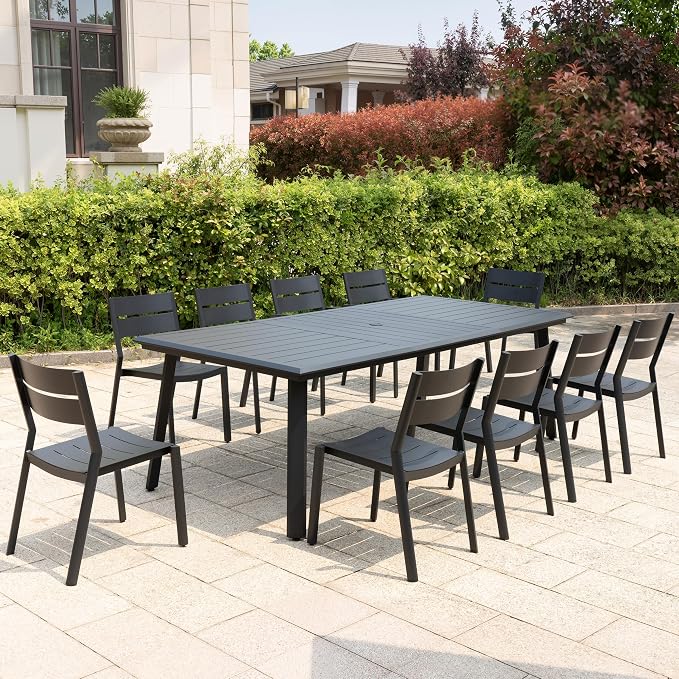 11-Piece Aluminum Outdoor Dining Set with Stackable Armless Chairs | 94" Extra Large Rectangular Patio Table Rust Proof Furniture for Family Gatherings BBQs Parties, Black