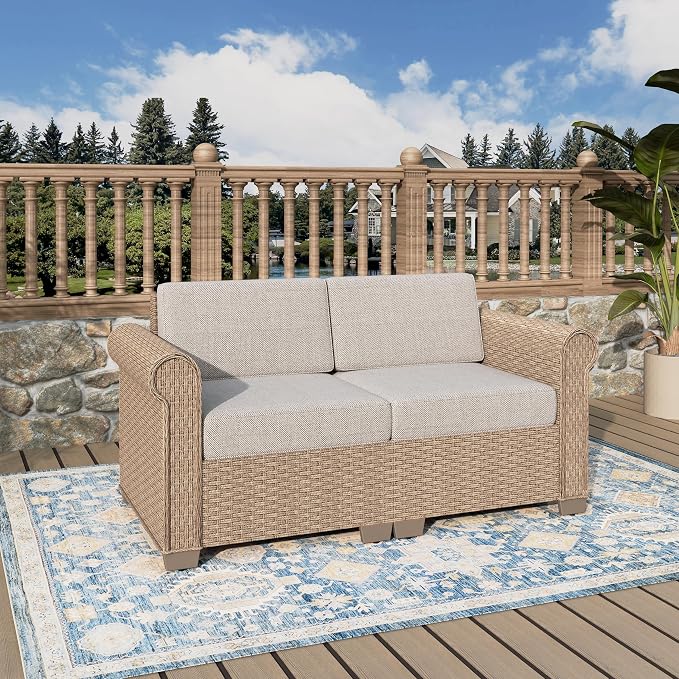 MIXPATIO Patio Couch, 2-Piece Outdoor Rattan Wicker Sofa with 5.5" Thick Waterproof Cushions Deck Backyard