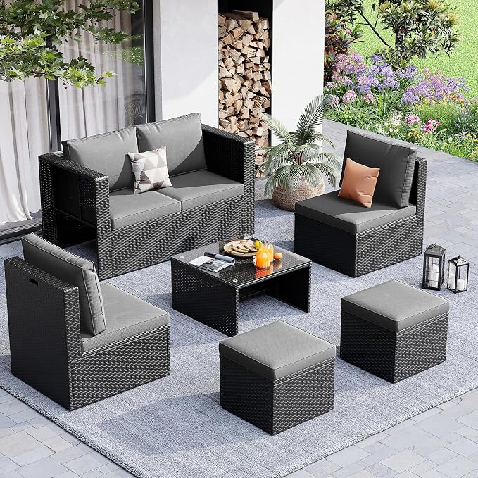 Amopatio Patio Furniture Set,All-Weather Wicker Outdoor Conversation Sofa Set with Glass Coffee Table, Cushions & Ottomans for Deck Backyard Porch Lawn Black/Dark Grey