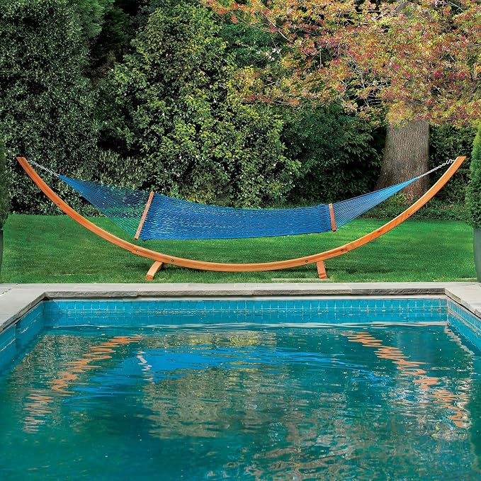 Hatteras Hammocks Deluxe Coastal Blue Duracord Rope Hammock with Free Extension Chains & Tree Hooks, Handcrafted in The USA, 450 LB Weight Capacity, 13 ft. x 60 in