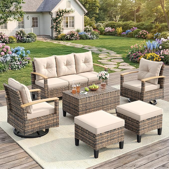 UDPATIO Patio Furniture Set with Swivel Chairs, 6 Pieces Outdoor Wicker Conversation Set with Storage Table for Lawn, Porch, Garden, Backyard, Khaki