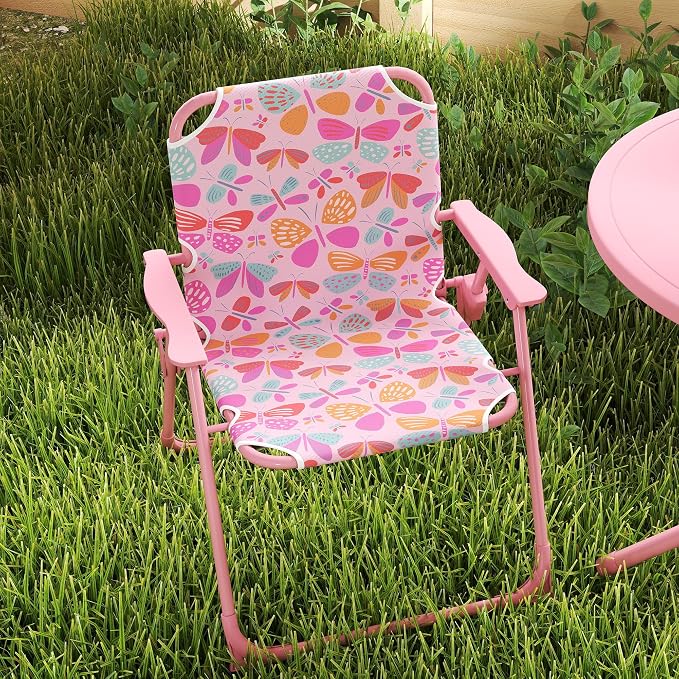 Qaba Kids Picnic Table and Chair Set, Outdoor Activity Table with Foldable Chairs, Removable Umbrella, Butterfly Pattern Toddler Patio Furniture for Backyard, Garden, Pink