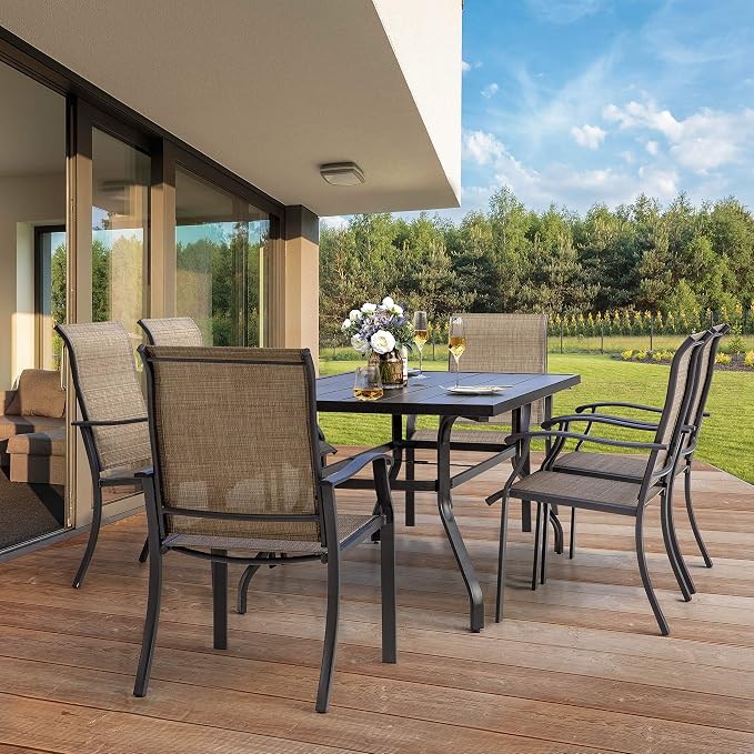 NUU GARDEN 7 Pieces Patio Dining Set, All-Weather Outdoor Furniture with 6 Textilene Dining Chairs and 61" Rectangle Metal Dining Table with Umbrella Hole for Patio Deck Garden, Black and Brown