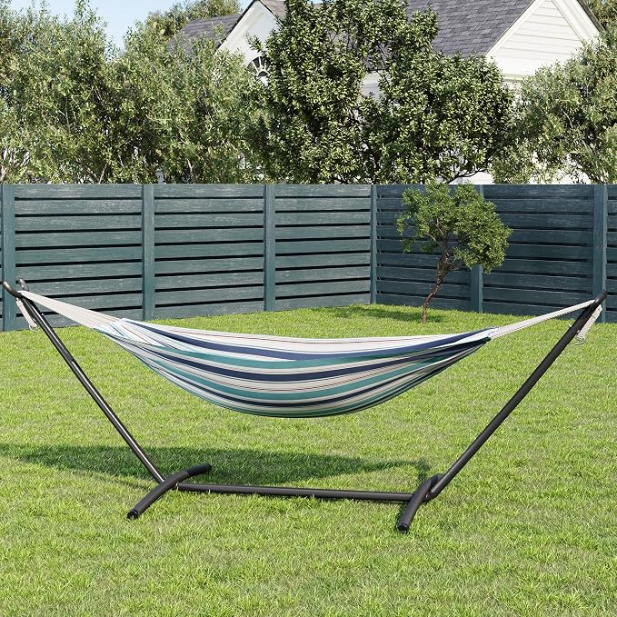 Takywep Double Hammock with Heavy-Duty Steel Stand – 2 Person Cotton Hammock Bed – Portable with Carry Bag – 450lbs Capacity, Space-Saving Frame for Garden, Camping, Beach – Ocean Color