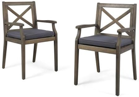 7-Piece Outdoor Patio Expandable Dining Table Set, All-Weather Acacia Wood Dinning Set with 6 Armchair and Cushions for Garden Backyard Balcony Deck Poolside (Grey Cushions+Teak)