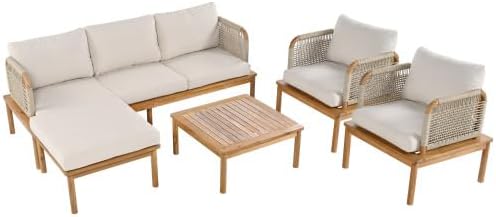 Christopher Knight Home Coby 5-Piece Acacia Wood Patio Furniture Set, Outdoor Conversation Sofa Set with Club Chair, Coffee Table and Ottoman, Patio Sectional Chat Set for Backyard/Balcony, Teak+Beige