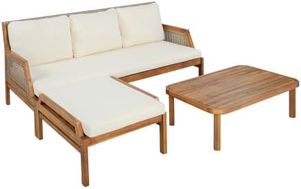 Christopher Knight Home Pony 3 Piece Acacia Wood Patio Conversation Sofa with Coffee Table and Ottoman, Outdoor 3-Seater Sofa Set for Backyard, Outdoor Patio Furniture Set, Teak+Cream+Brown