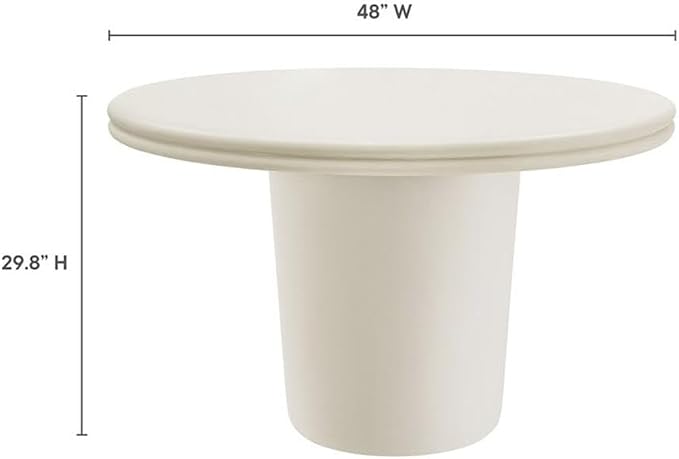 Pemberly Row Concrete Round Top Dining Table, 48 Inch White Finish, Contemporary Indoor Outdoor Design, Double Lip Edging, Cylindrical Base, Seats 2-4, Patio or Dining Room Table for Modern Spaces