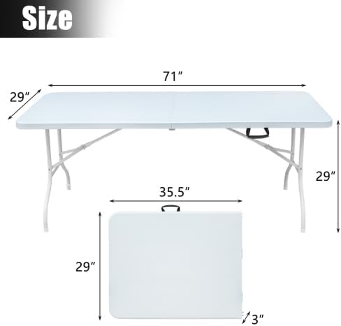 Garvee 6 Foot Plastic Folding Table Portable Long Table for Indoor Outdoor Use Rectangular with Carrying Handle for Party Events, White