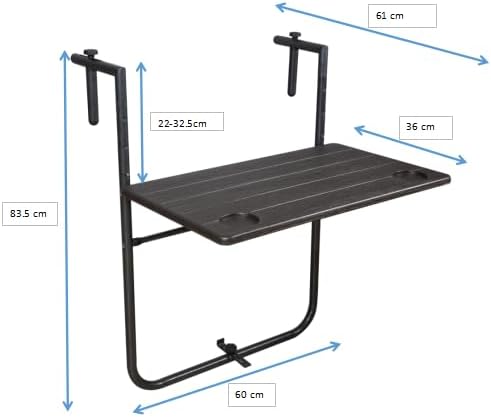 Folding Balcony Table Hanging Outdoor Foldable 3-Way Height Adjustable Wooden Look Weatherproof Table Open Size 60 x 36 cm Brown Color Outdoor Indoor spacesaving Room
