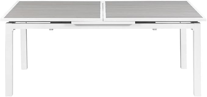 Pemberly Row Outdoor Extendable Patio Dining Table, 100.5" x 39" x 30", Gray Plastic Wood and White Aluminum, Contemporary Design, Includes Attachable Leaf, Ideal for Outdoor Entertaining