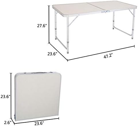 Aluminum Folding Table 4 Foot, Adjustable Height Lightweight Portable Camping Table for Picnic Beach Outdoor Indoor, White 120 x 60 x 70 4Ft