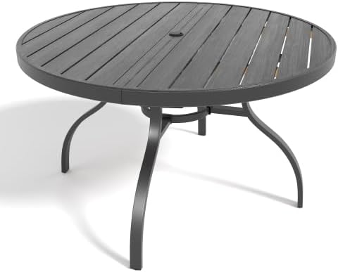 47" Round Faux Wood Patio Table with Umbrella Hole – Realistic Wood Grain Slat Top, Rust-Resistant Metal Legs, Outdoor Dining Table for 6 for Patio Deck Backyard, Black