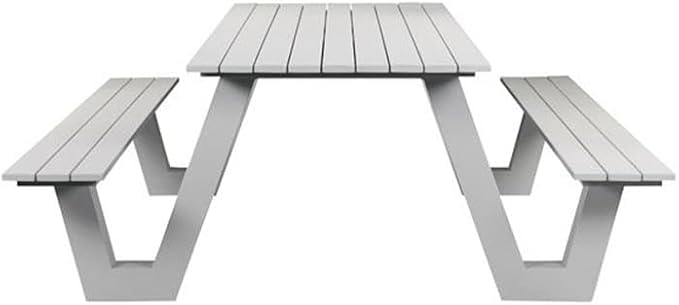 Pemberly Row Contemporary Aluminum Outdoor Picnic Table, White Finish, Durable Low Maintenance Aluminum and Polyresin Frame, Modern Style Patio Dining Table for 10