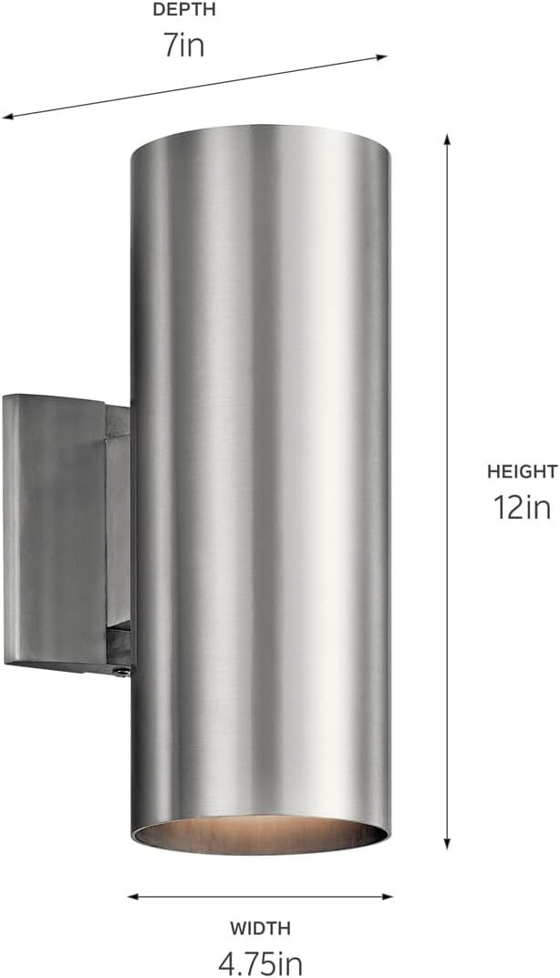 Kichler Cylinders 12" 2-Light Cylinder Outdoor Wall Sconce in Brushed Aluminum, (12" H x 4.75" W), 9244BA