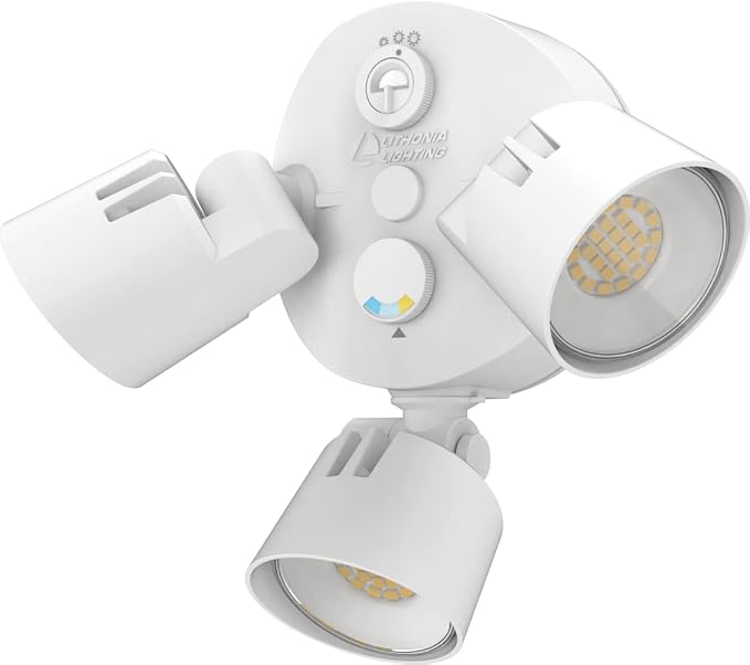 Lithonia Lighting HomeGuard 3-Light LED Outdoor Flood Lights, Dusk to Dawn | White Outdoor LED Lights, Adjustable Lumens, Selectable Color, Round Heads (HGX LED 3RH ALO SWW2 120 PE WH M2)