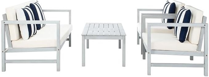 SAFAVIEH Outdoor Collection Montez Grey / Beige Cushions/ Striped Pillows 4-Piece Conversation Patio Set