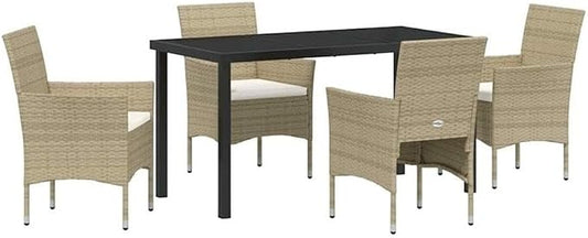 Afuera Living 5 Piece Patio Dining Set, Poly Rattan Frame, Beige Cushions, Tempered Glass Tabletop, Weather-Resistant, Modern Style Outdoor Furniture for Backyard, Garden, or Deck Use