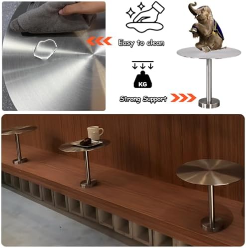 Wall Mounted Floating Table – Small Round Stainless Steel Cafe Desk, Space-Saving Pub Bar Tray Side Table for Indoor/Outdoor Use, Stylish Industrial Silver End Table (1.64ft)