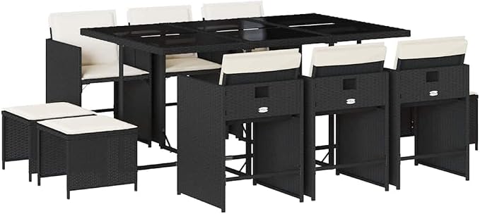 11-Piece Black PE Rattan Patio Dining Set with Cushions | Includes 10 chairs and a tempered glass table, providing spacious outdoor seating for family dining and gatherings.