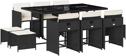 11-Piece Black PE Rattan Patio Dining Set with Cushions | Includes 10 chairs and a tempered glass table, providing spacious outdoor seating for family dining and gatherings.
