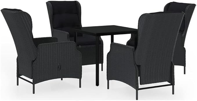 BOWERY HILL Contemporary Patio Dining Set, 5-Piece, Synthetic Poly Rattan, Powder-Coated Steel Frame, Dark Gray/Black Finish, Cushioned Seating, Space-Saving Square Design for Outdoor Garden or