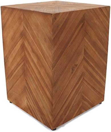 Teak Garden Stool - Farmhouse End Table Barn Door Wooden Rustic Side Table/Patio Indoor Outdoor (Chevron), 15 in x 20 (D W H)