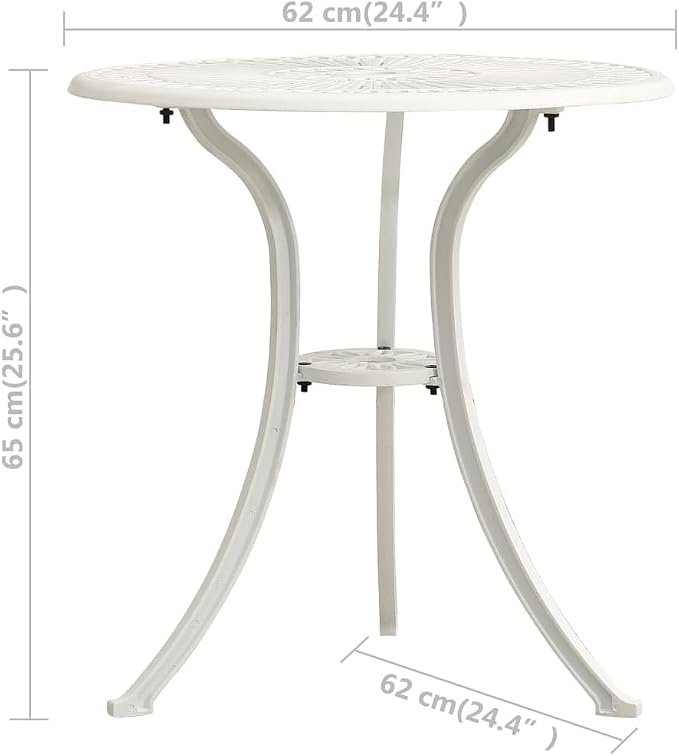 vidaXL Cast Aluminum Patio Table - Sturdy Outdoor Table with Umbrella Hole - White, Round, Easy Assembly, 24.4"x25.6"