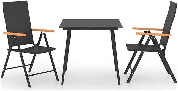 Afuera Living 3-Piece Patio Dining Set, PE Rattan and Glass, Black/Brown Finish, 31.5 x 31.5 x 29.1 in, Weather-Resistant, Compact Design, Adjustable Armrests, Indoor/Outdoor Table and Chairs for
