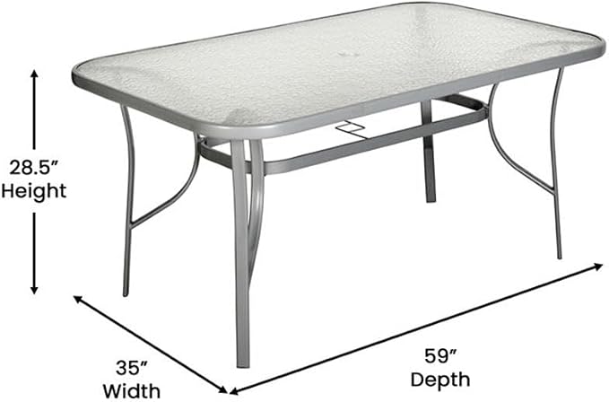 Afuera Living 35x59 Rectangular Glass & Steel Patio Table, Clear Top with Silver Powder Coated Frame, 6-Person All Weather Dining Table with Umbrella Hole for Deck, Patio, or Poolside Use