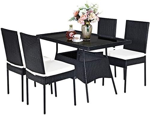 HAPPYGRILL 5-Piece Patio Dining Set Rattan Wicker Table Chairs Set with Cushions & Tempered Glass Table Top, Patio Furniture Outdoor Dining Set for Garden Poolside