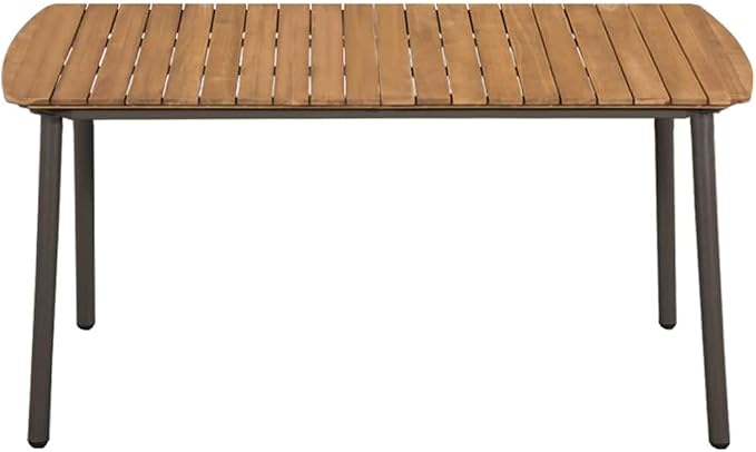 7 Piece Patio Dining Set Poly Rattan Gray Outdoor Table and Chairs for 6, Solid Acacia Wood Dining Table with Steel Frame, Stackable Weather Resistant PE Rattan Chairs for Backyard Garden Deck Patio