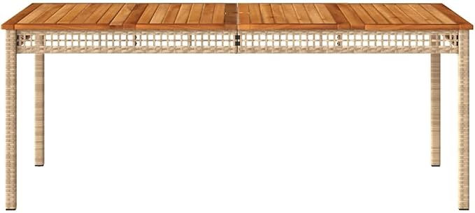 Beige Patio Table 70.9"x35.4"x29.5" with Acacia Wood Top and Poly Rattan Base for Garden, Backyard