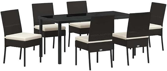Afuera Living 7 Piece Poly Rattan Garden Dining Set, Black Finish, Powder-Coated Steel Frame, UV-Resistant, Removable Cushions, Modern Outdoor Patio Furniture for Garden or Backyard Dining