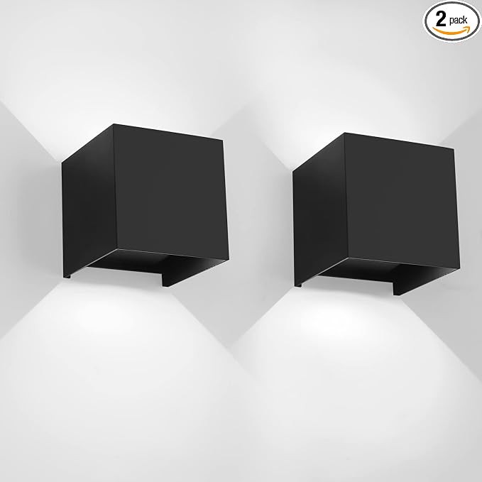 Mille Lucciole 12W 2Pack Outdoor Wall Lights Exterior/Interior,LED Black Outdoor Wall Sconces Light Fixtures Modern,IP65 Waterproof Square Aluminum Wall Lamps, Up and Down Lights 6500K Cold Lights