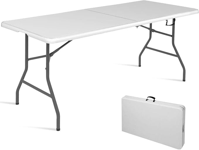SPSUPE 6' Folding Table, Portable Rounded Corners Plastic Picnic Table with Handle, Ideal for Indoor Outdoor Dining Camp, White