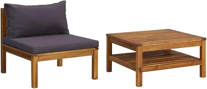 2 Piece Patio Sofa Set with Dark Gray Cushions, Acacia Wood Outdoor Conversation Set Sectional Sofa with Middle Sofa, Coffee Table for Garden, Patio, Balcony,-423