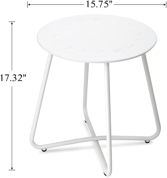 danpinera Outdoor Side Tables with Flower Cut Outs, Weather Resistant Steel Patio Side Table, Small Round Outdoor End Table Metal Side Table for Patio Yard Balcony Garden White