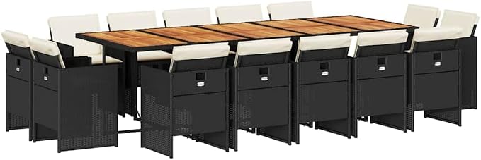 14-Seater Garden Dining Set, Patio Rattan Furniture with Cushions, Black and Cream Outdoor Table and Chair Collection for Large Gatherings