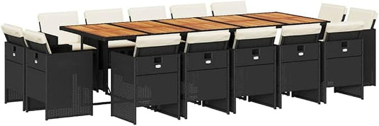 14-Piece Poly Rattan Patio Dining Set with Cushions, Black/Cream | Features a spacious dining table and cushioned seating, designed for hosting large family gatherings in your backyard.